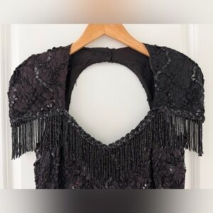 Susan roselli vintage black Fringe beaded lace mini Dress size S/M